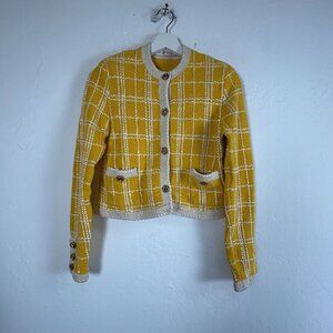 The Knit Couture Womens Yellow White Plaid Crop Cardigan Sweater Button-Front